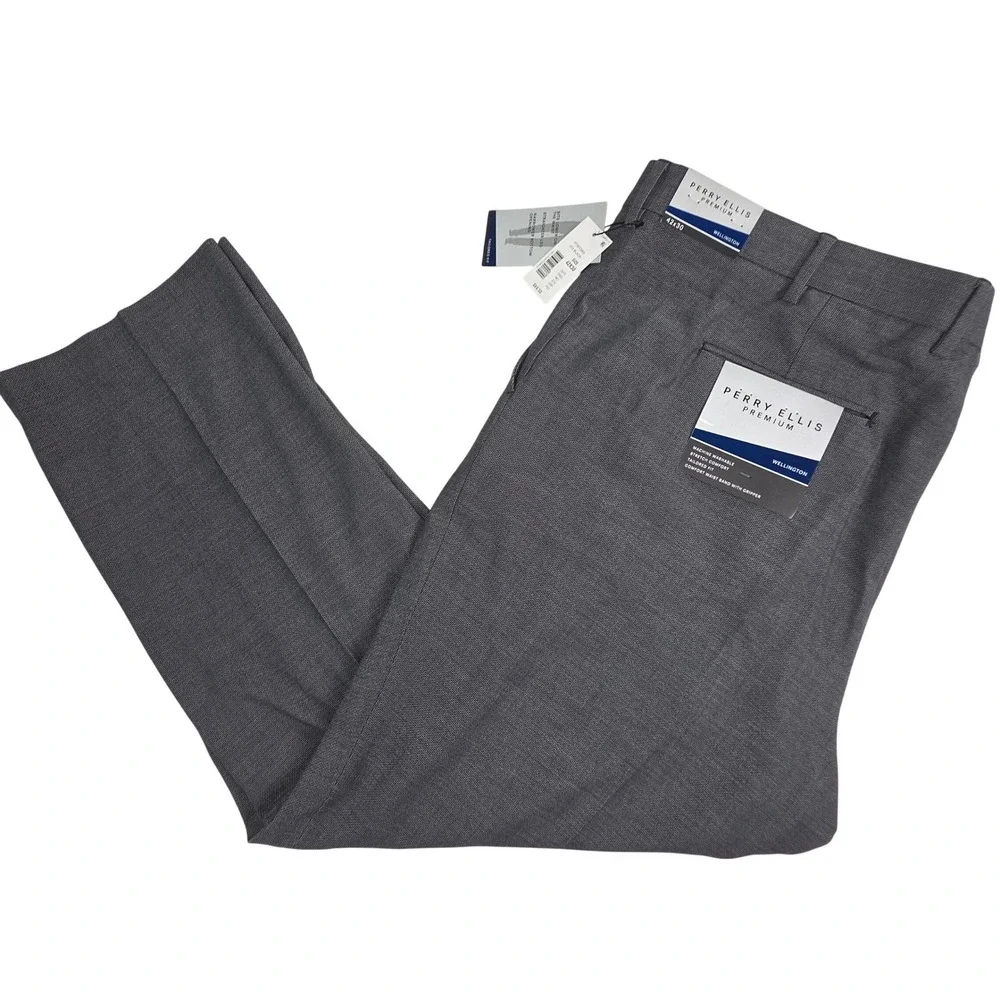 Perry Ellis Premium Wellington Mens Dress Pants 42x30 Charcoal Grey Tailored Fit